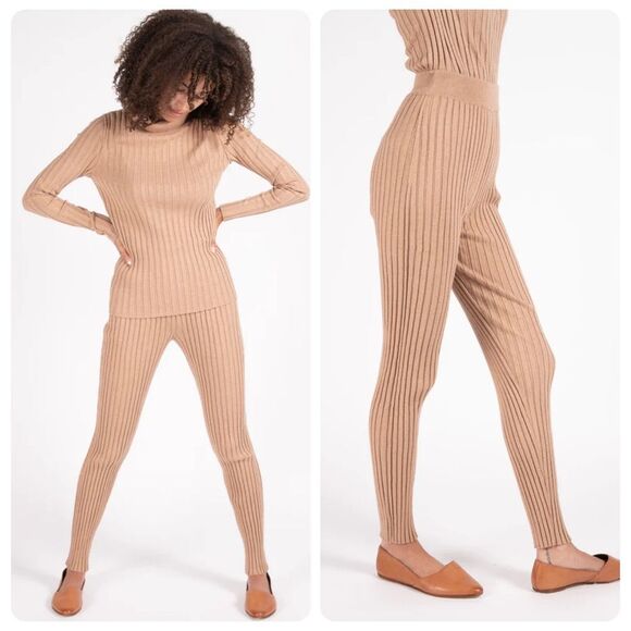 L.F. Markey Palmer Ribbed Knit Leggings in Camel | Size 8 - Picture 2 of 6